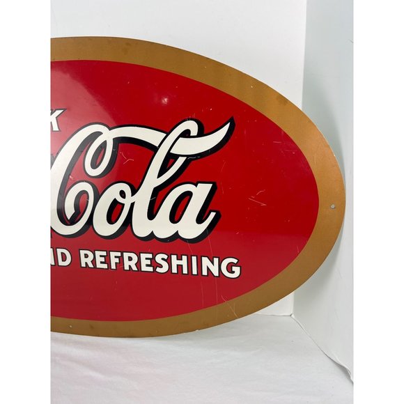 Vintage Drink Coca Cola Delicious And Refreshing Oval Tin Sign 28" x 15" - Picture 4 of 8